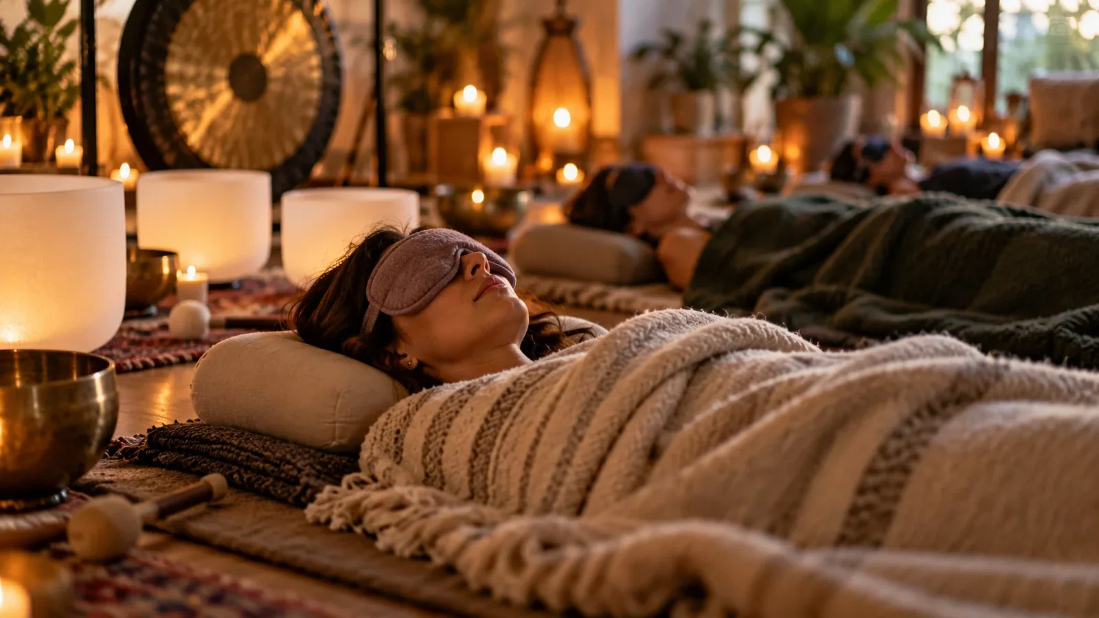 A woman in an eye mask lies under a blanket among other people resting between crystal bowls and a gong in a candlelit room