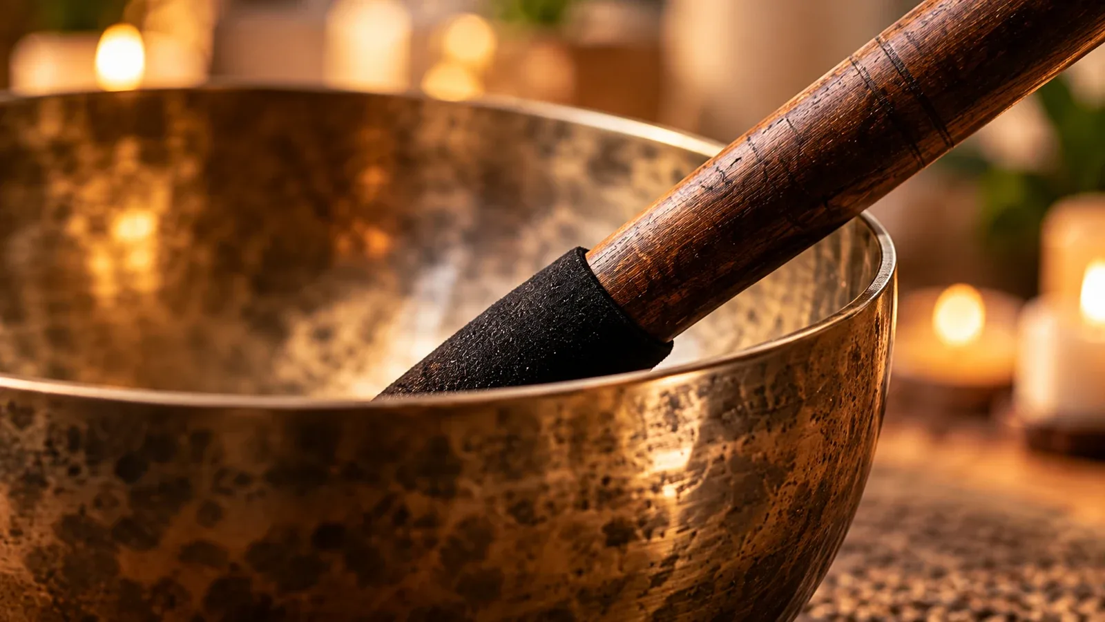 A close-up of a mallet resting in a hammered metal singing bowl, lit by candles