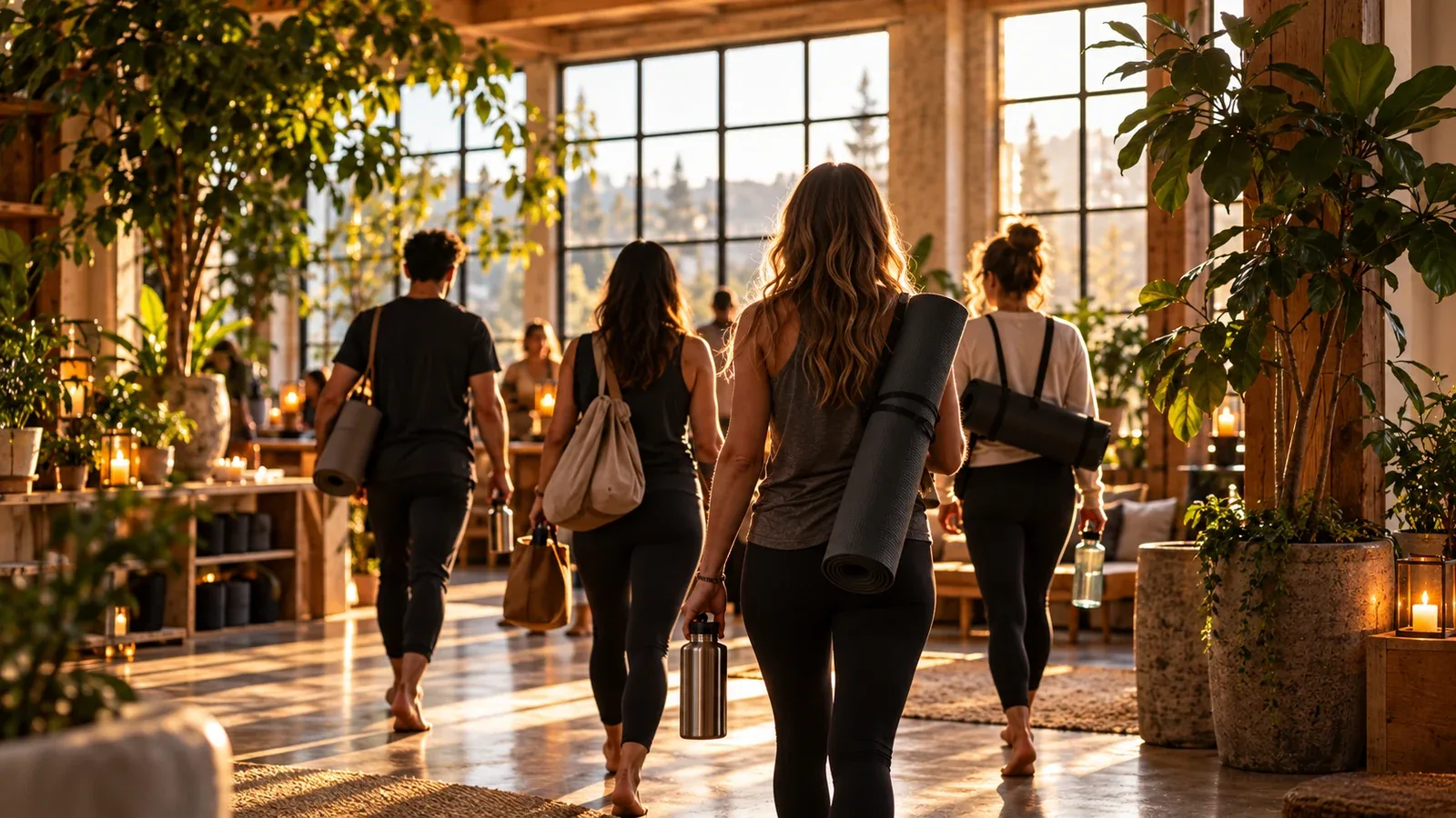 People carrying yoga mats and water bottles walk into a bright, plant-filled studio