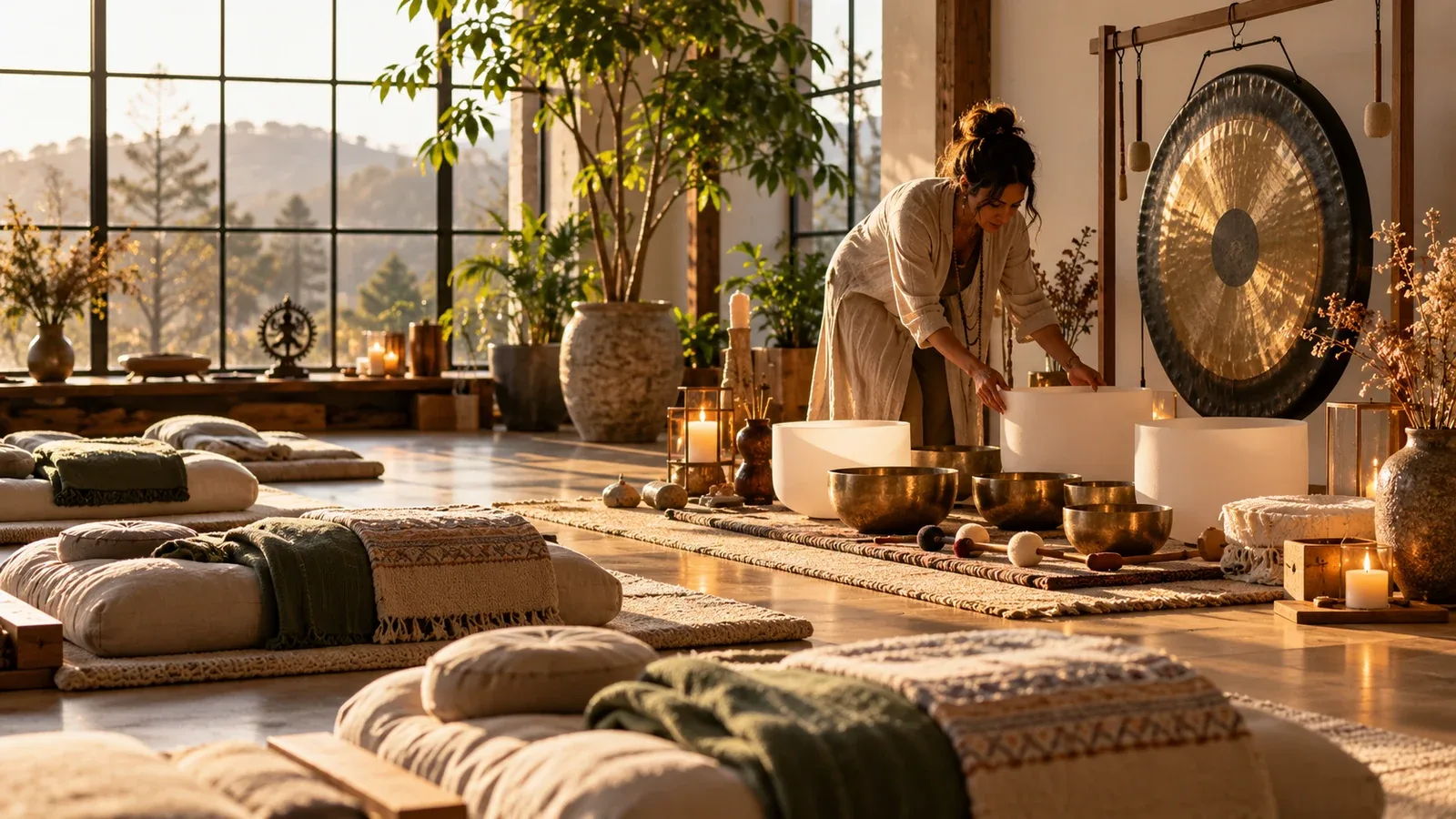 A facilitator arranges crystal bowls beside a gong while mats and cushions wait in rows in a sunlit studio