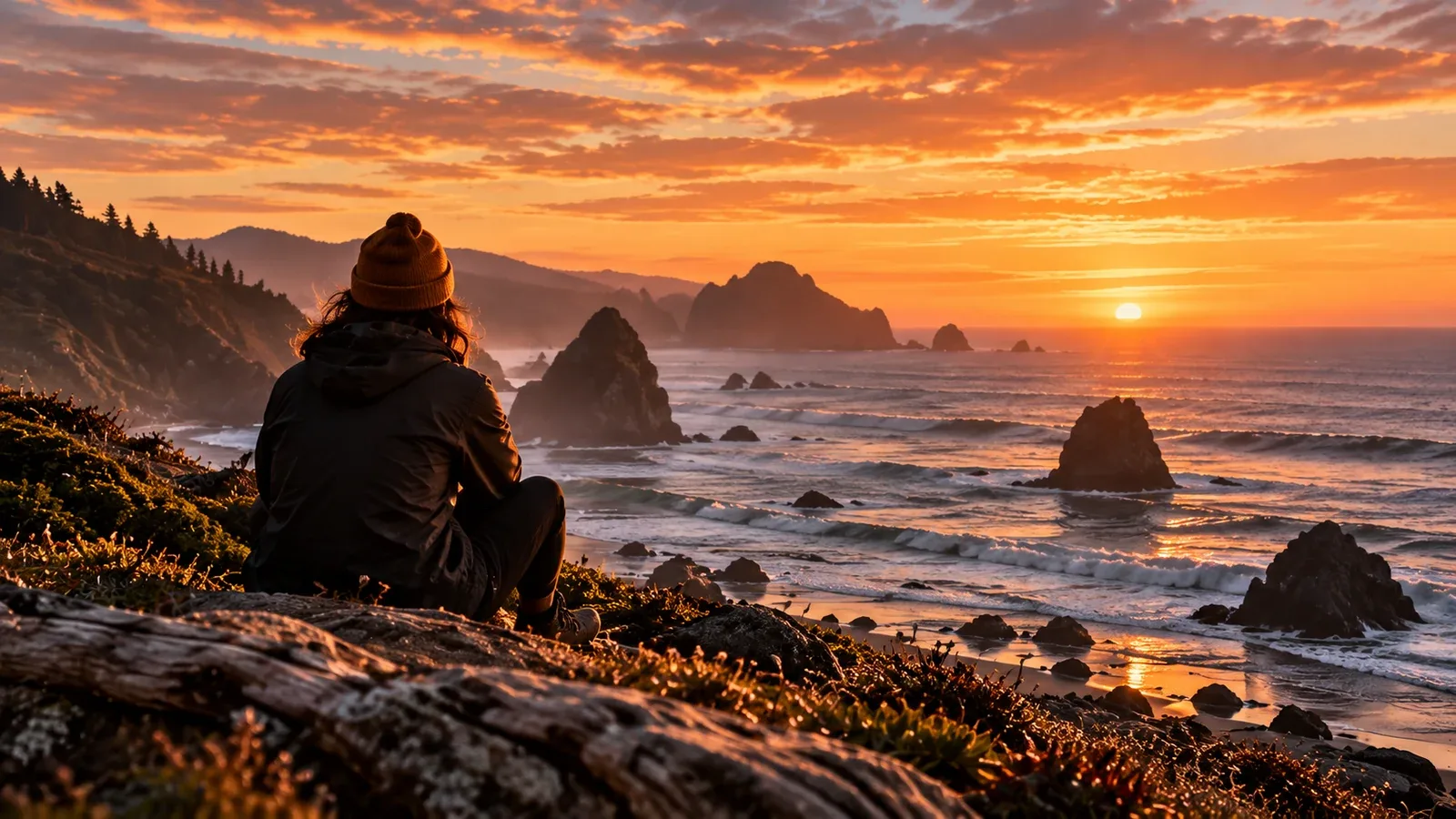 A person in a knit hat sits on a coastal bluff, watching the sun set over sea stacks