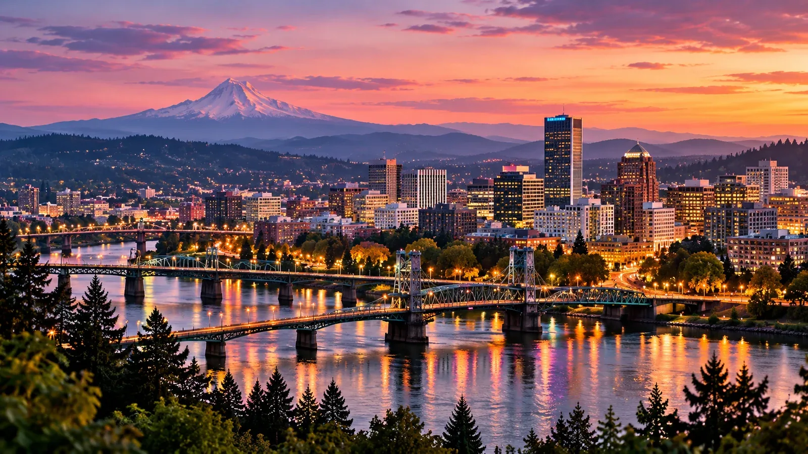 Downtown Portland and its bridges lit up at dusk, with Mount Hood behind